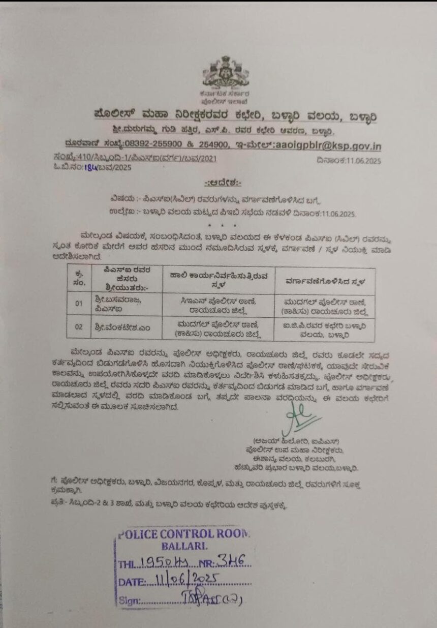 ಮುದಗಲ್ ಠಾಣೆ ಪಿಎಸ್ ಐ ಹುದ್ದೆ ನಾ ಕೊಡೆ,ನೀ ಬಿಡೆ, ಜಂಗಿಕುಸ್ತಿಯಲ್ಲಿ, ನಿಯುಕ್ತಿಗಾಗಿ ಕಾಯುತ್ತಿರುವ ಪಿಎಸೈ ಬಸವರಾಜನಾಯಕ!!